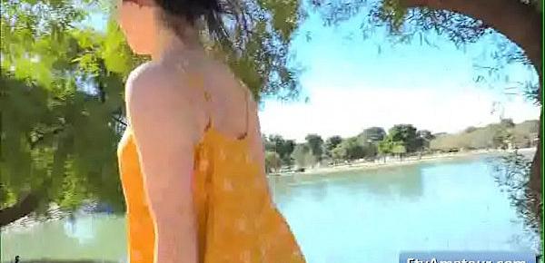  Sexy teenager amateur Kylie flash her pink pussy by the lake